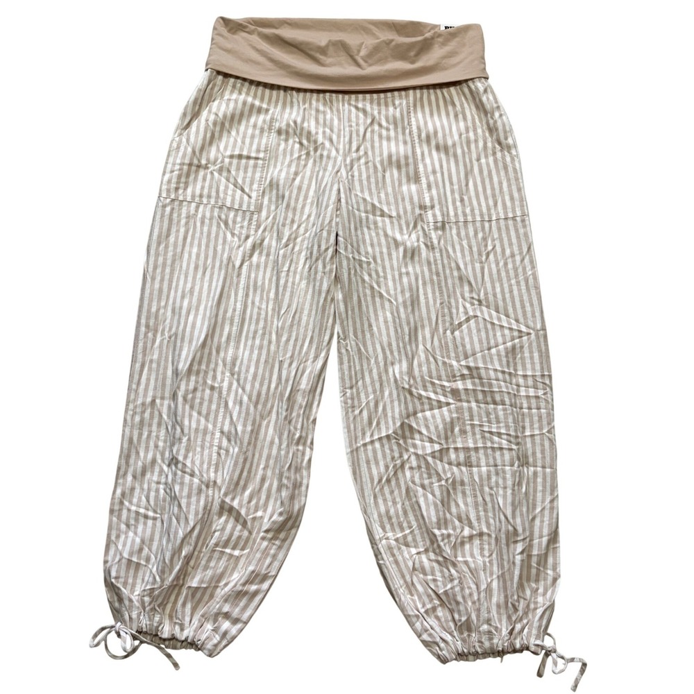 PINK Pants Women L Tan Stripe Foldover Linen Jogger Pants Relaxed Boho Beach NWT